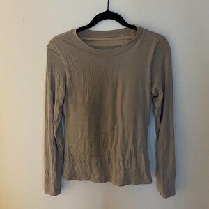 Klassy Network Solid Crew Neck Braless Long Sleeve Brami Shirt in Beige